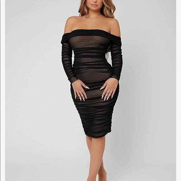SHEIN Dresses & Skirts - Ruched Off Shoulder Bodycon Dress Long Sleeve Mesh Knee Length Dresses